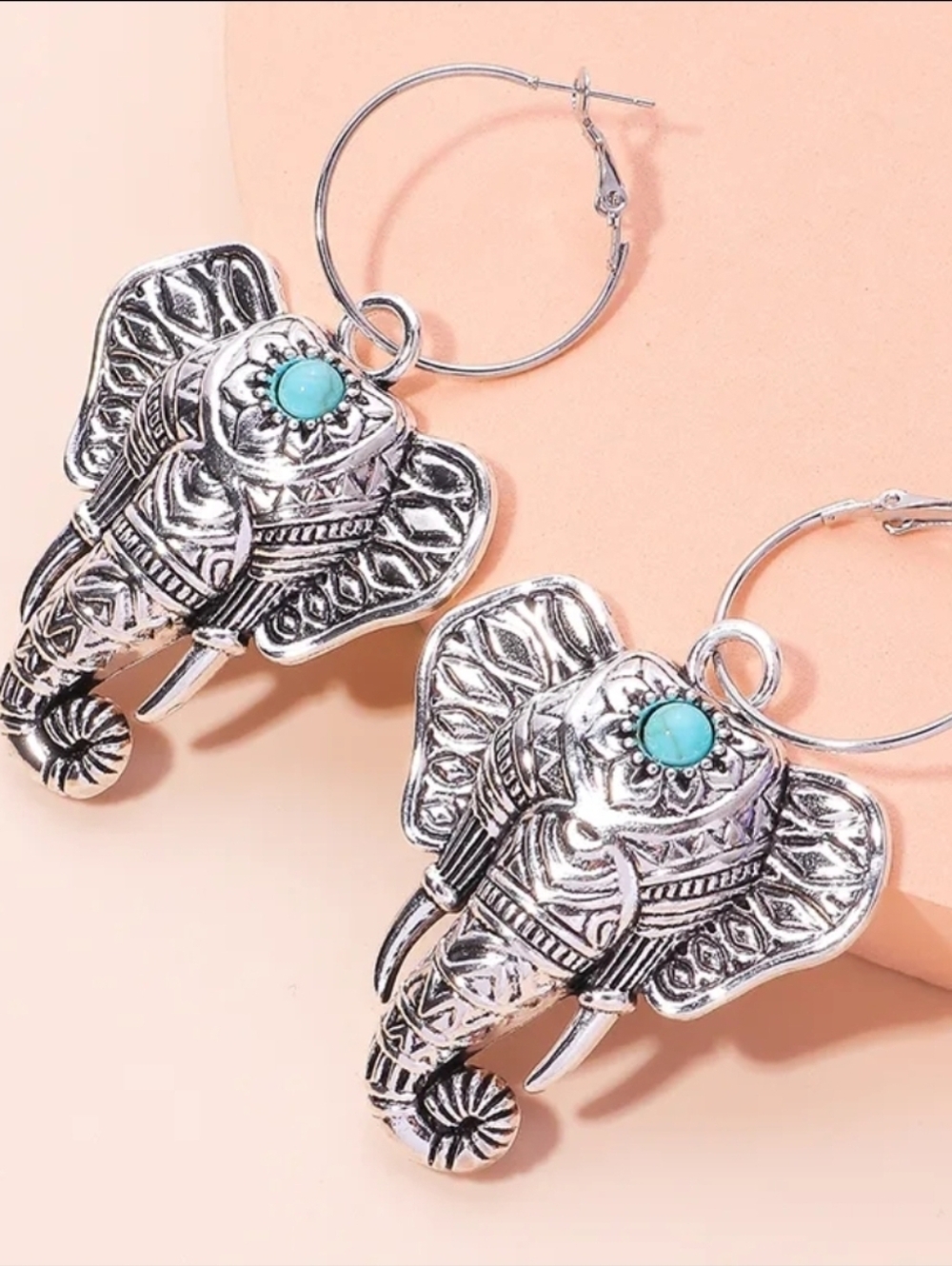 Silver Alloy Elephant Hoop Earrings with Turquoise Accent - Women Jewelry